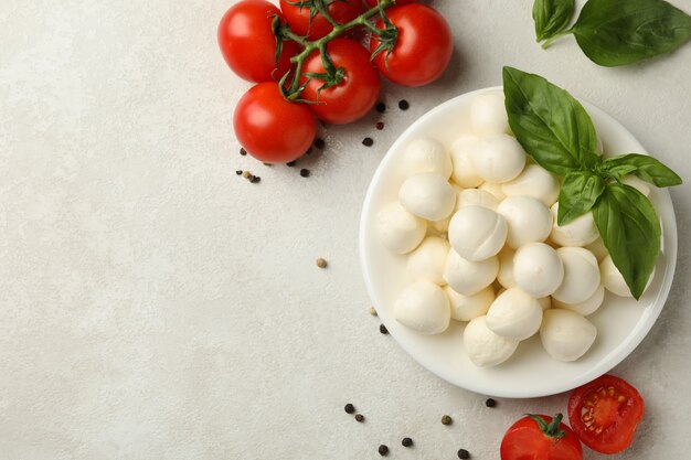 Plate with mozzarella and basil, tomato and pepper on white textured background, space for text