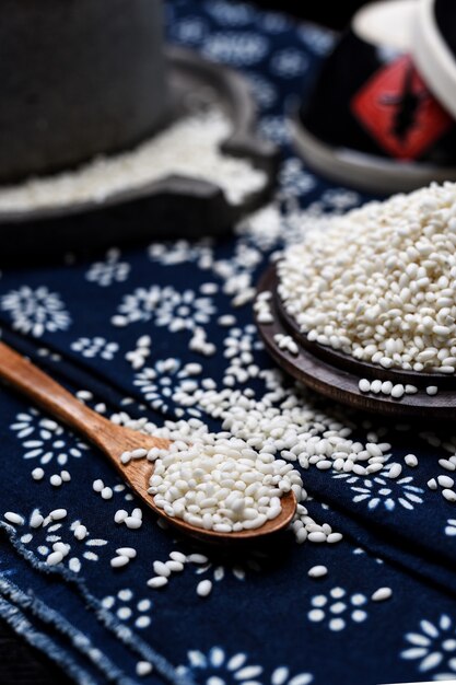 plate with organic rice on table