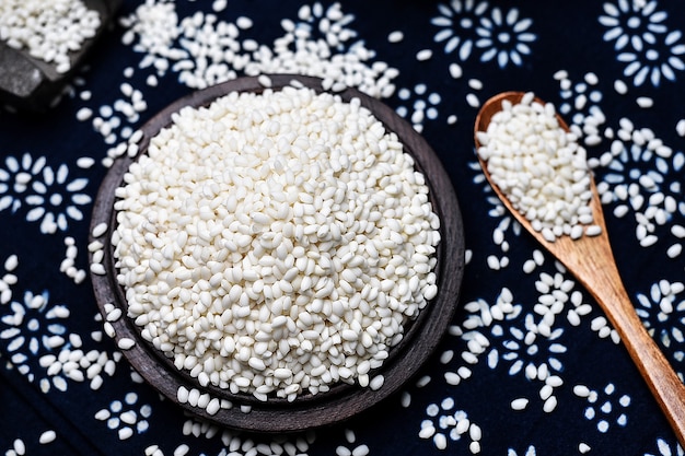 plate with organic rice on table