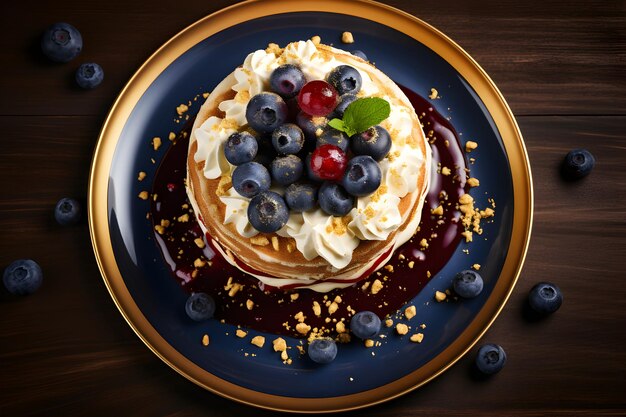 a plate with pancakes, berries, and blueberries on it