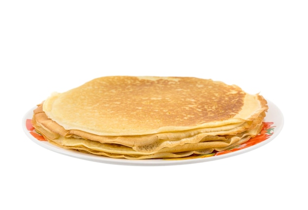 Plate with pancakes isolated on white