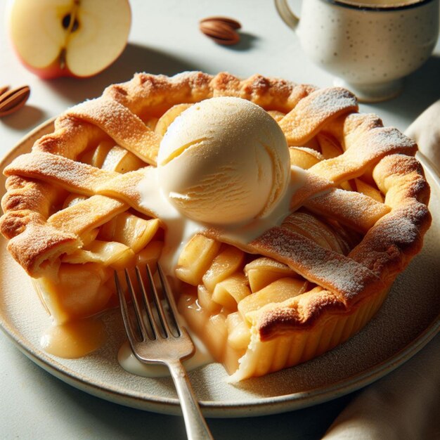 a plate with a pie and an ice cream cone on it