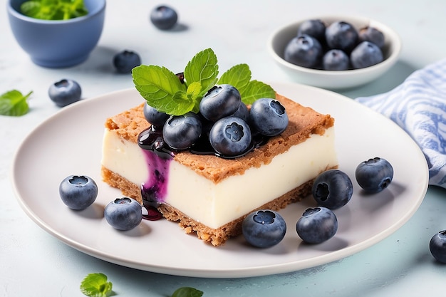 Plate with piece of birds milk cake blueberries and mint leaves on white background