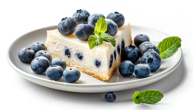 Plate with piece of birds milk cake blueberries and mint leaves on white background