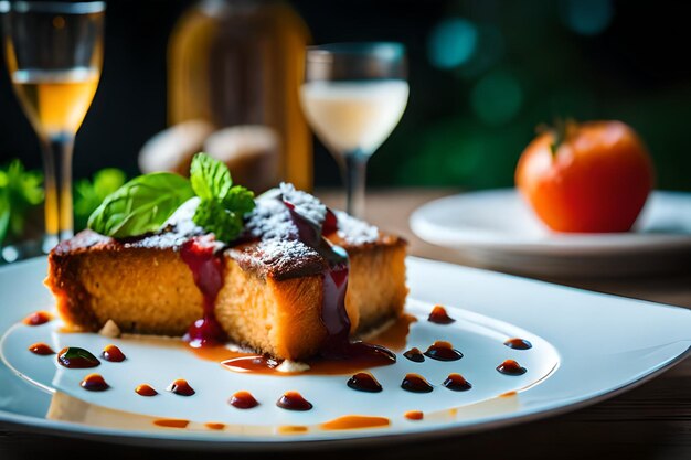 a plate with a piece of cake and a glass of wine