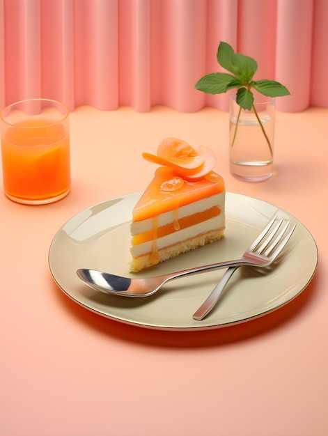 A plate with a piece of cake on it and a glass of orange juice on the table.