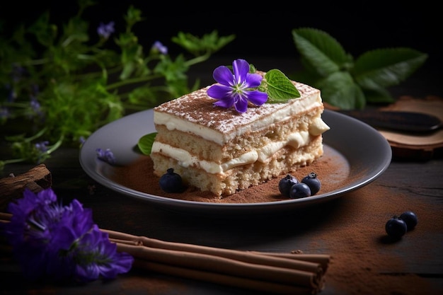 a plate with a piece of cake and a purple flower on it