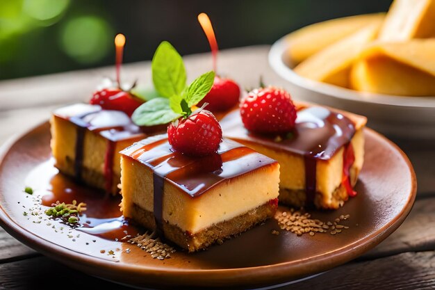 A plate with a piece of cake with chocolate frosting and a strawberry on it