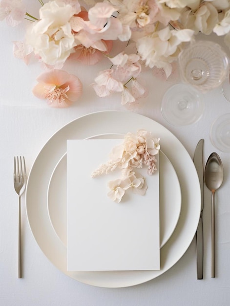 Foto a plate with a piece of paper on it that says  flowers