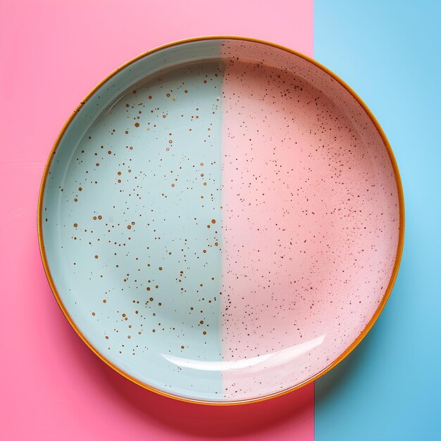 A plate with a pink and blue background