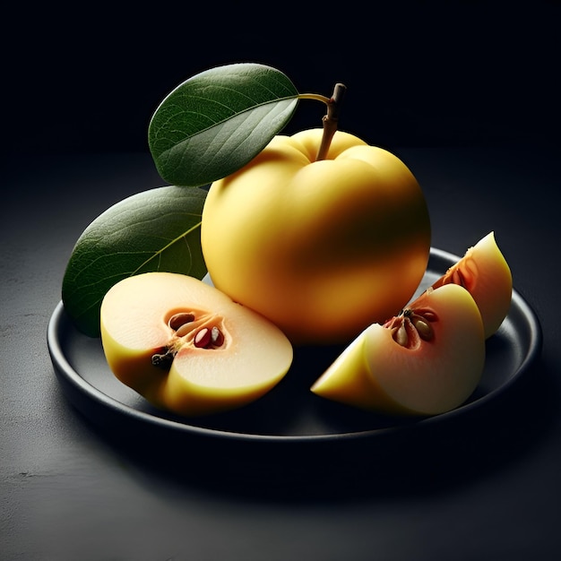 Plate with quince and slices on black surface dark background