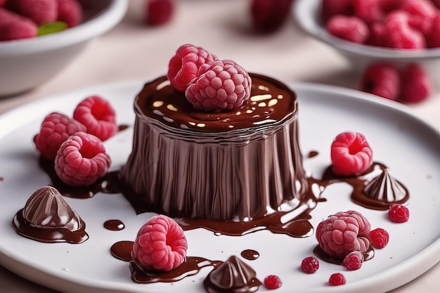 a plate with raspberries and chocolate on it