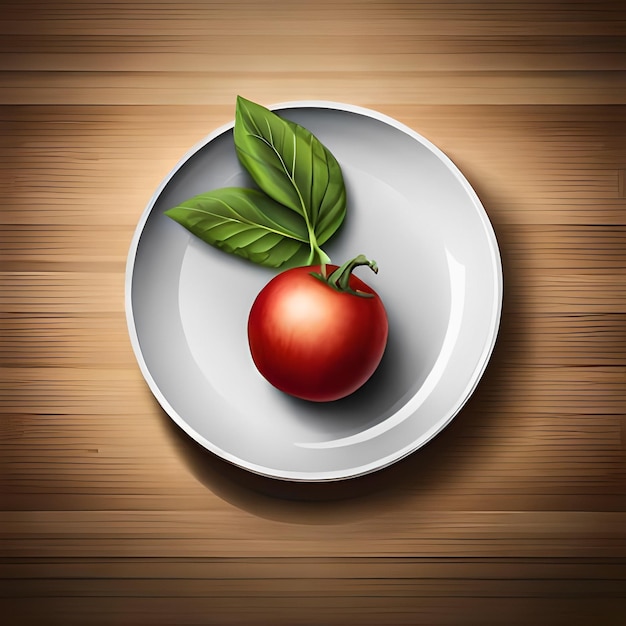 A plate with a red apple and green leaves on it