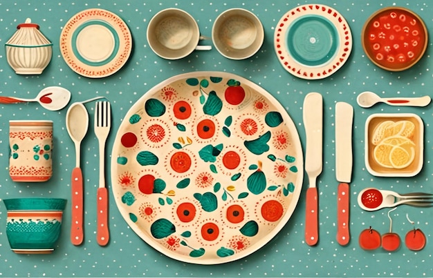 Foto un piatto con un motivo floreale rosso e una maniglia rossa è su un tavolo.