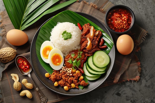 a plate with rice meat cucumbers and eggs