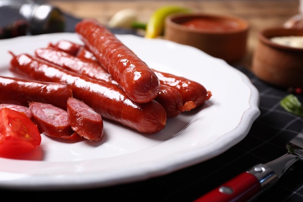 Plate with roasted sausages and tomatoes on napkin