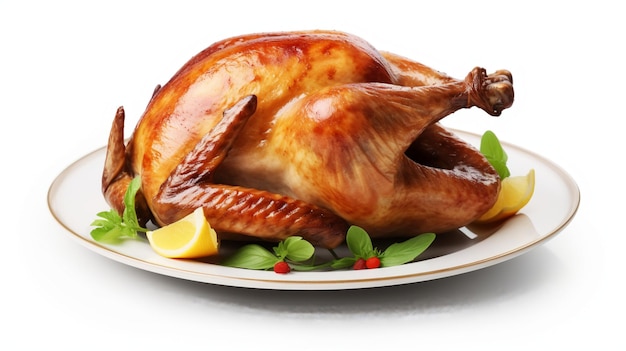 Plate with roasted turkey on white background