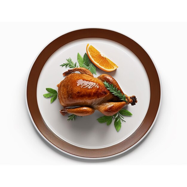 Plate with roasted turkey on white background