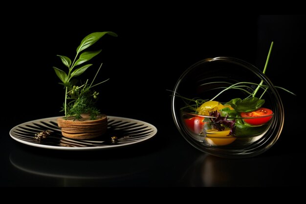 Plate with salad and bowl with souce