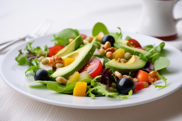 체중 생성 인공 지능을 줄이기 위해 균형 잡히고 건강한 음식 영양가 있는 식사의 샐러드 개념이 있는 접시