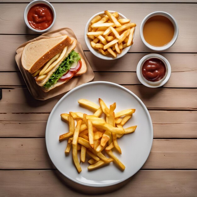 A plate with a sandwich and a bowl of fries