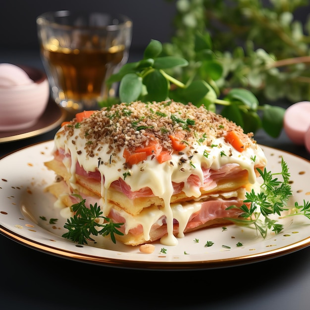 a plate with a sandwich and a glass of beer on it