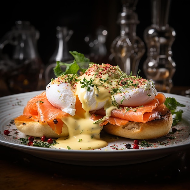 a plate with a sandwich with salmon and cream cheese.