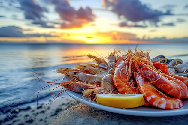 a plate with seafood shrimps squid oysters lobsterson it near the ocean