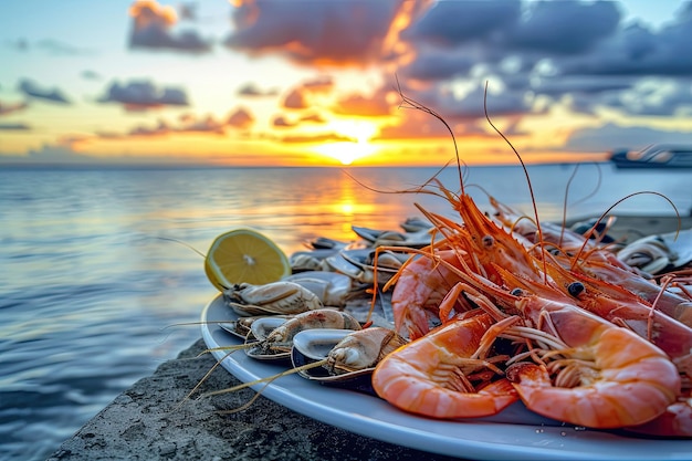 a plate with seafood shrimps squid oysters lobsterson it near the ocean