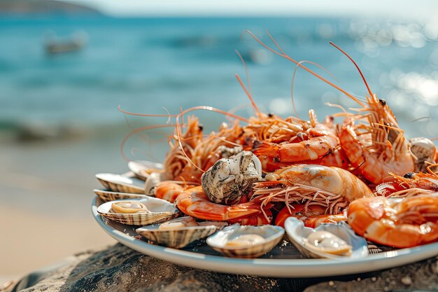 a plate with seafood shrimps squid oysters lobsterson it near the ocean