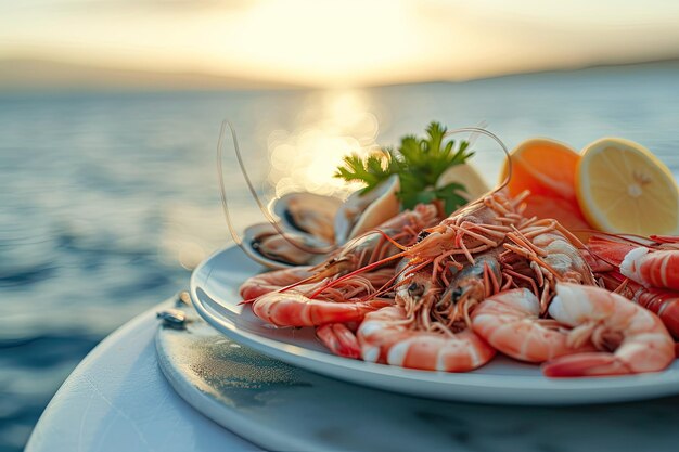 a plate with seafood shrimps squid oysters lobsterson it near the ocean