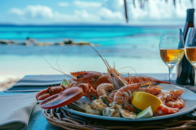 a plate with seafood shrimps squid oysters lobsterson it near the ocean