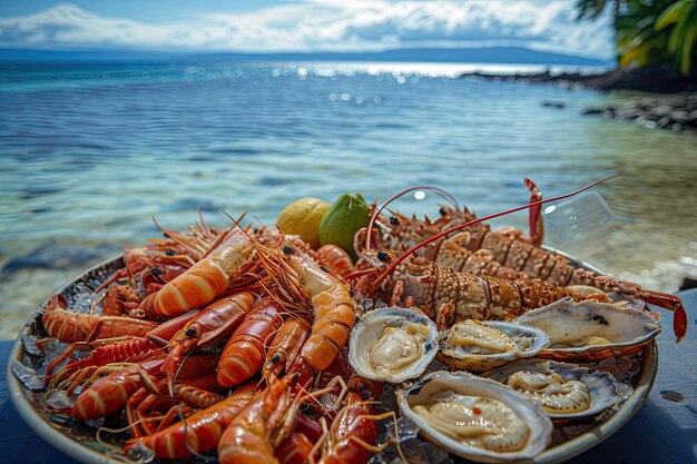 тарелка с морепродуктами креветками кальмарами устрицами лобстерами рядом с океаном