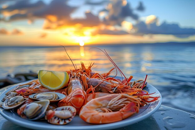 a plate with seafood shrimps squid oysters lobsterson it near the ocean