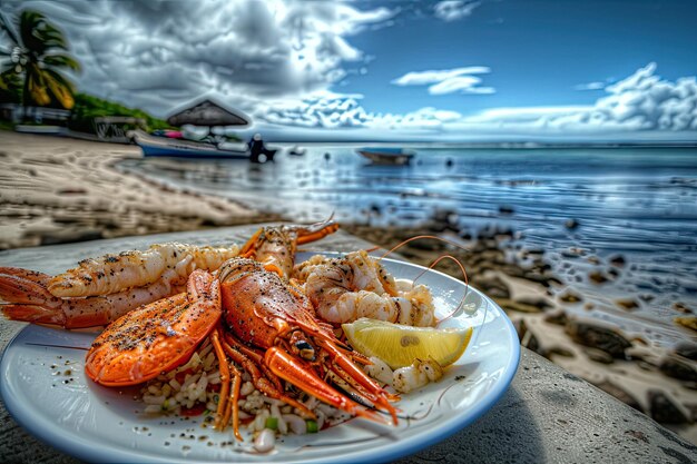 a plate with seafood shrimps squid oysters lobsterson it near the ocean