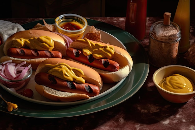 Plate with several hot dogs served alongside buns and condiments