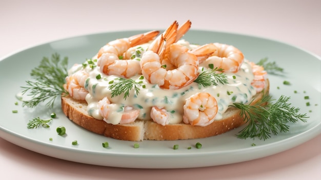 a plate with shrimp and a sandwich with a white sauce