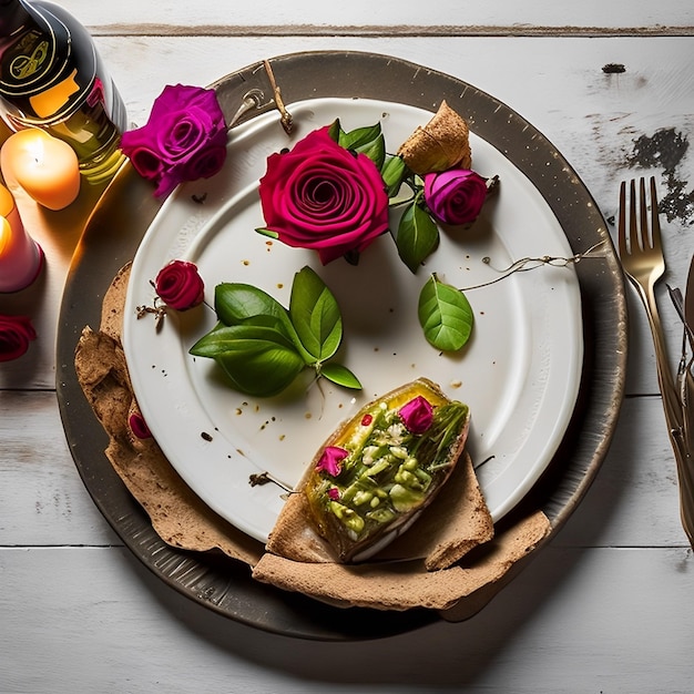 A plate with a slice of bread with a rose on it next to a bottle of wine.