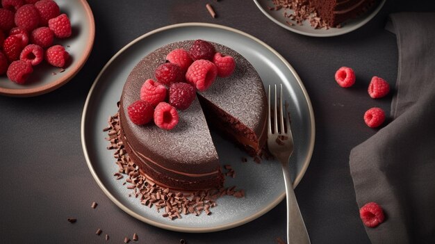 Plate with slice of chocolate sponge berry cake