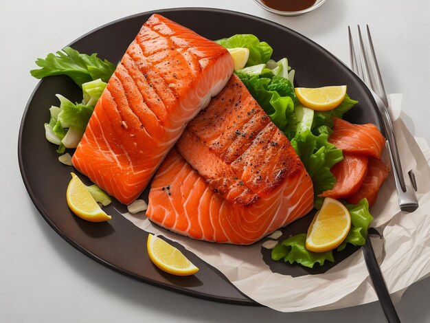 Plate with slice of delicious grilled salmon on table