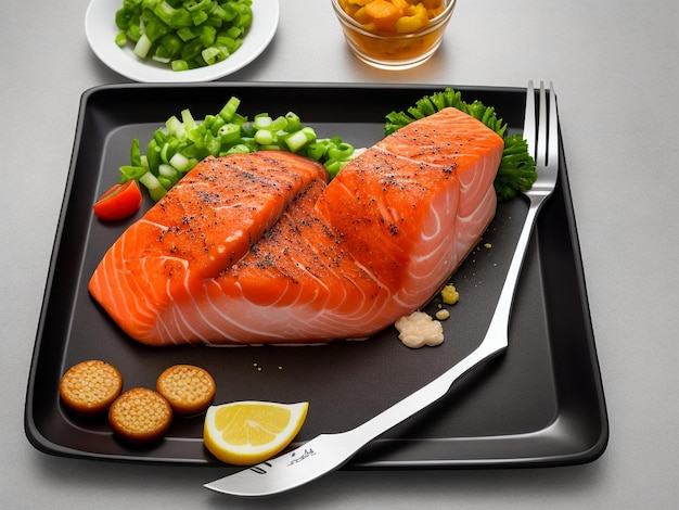 Plate with slice of delicious grilled salmon on table