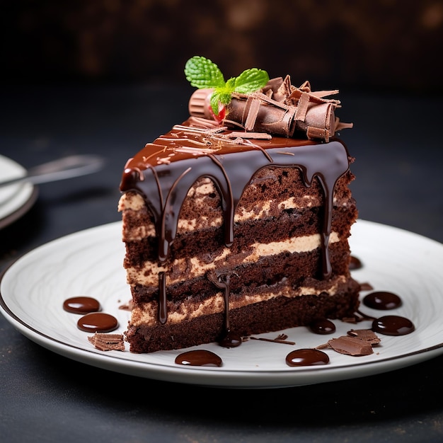 Plate with slice of tasty homemade chocolate cake on table