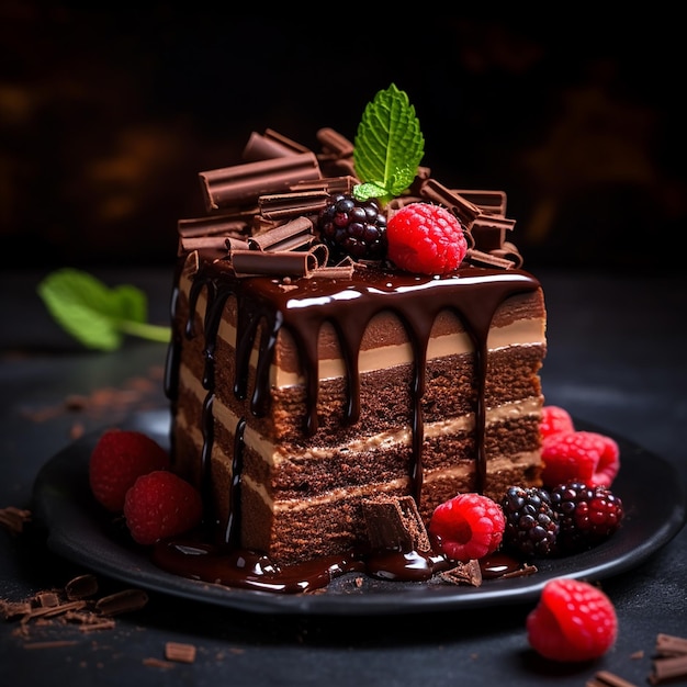 Plate with slice of tasty homemade chocolate cake on table