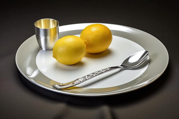 A plate with a spoon and a plate with lemons on it