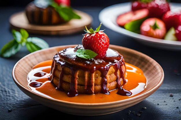 a plate with a strawberry and chocolate cake on it