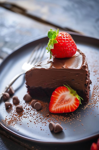 Plate with strawberry of tasty homemade chocolate cake on plated Generative AI