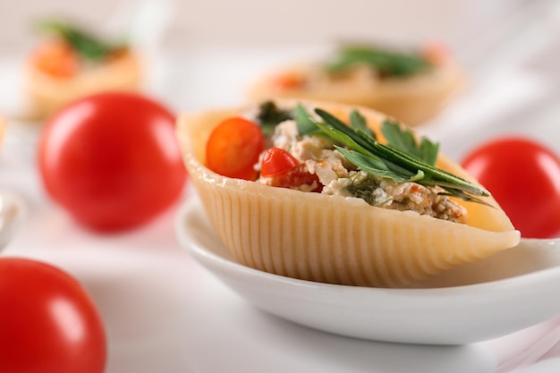 Plate with stuffed pasta closeup