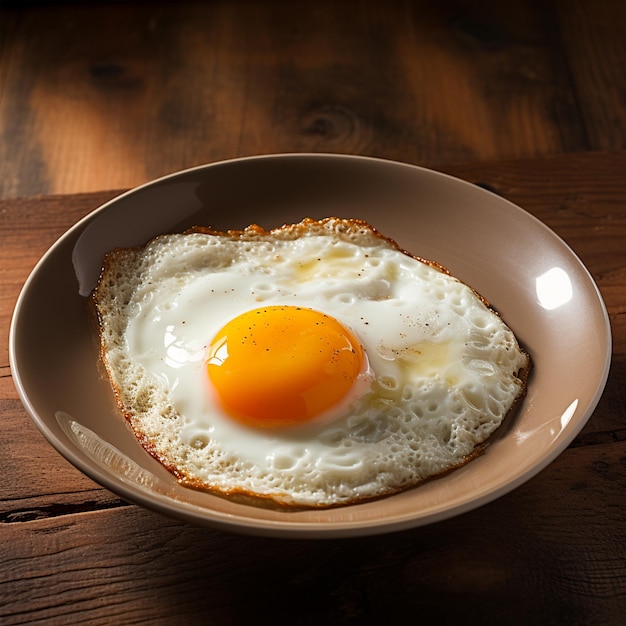 Plate with sunny side up fried egg on wooden table