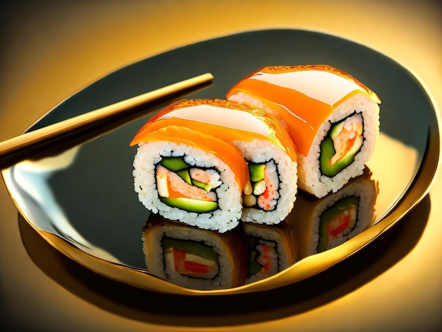 A plate with sushi and chopsticks on it