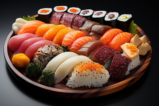 Photo a plate with sushi sashimi and wasabi